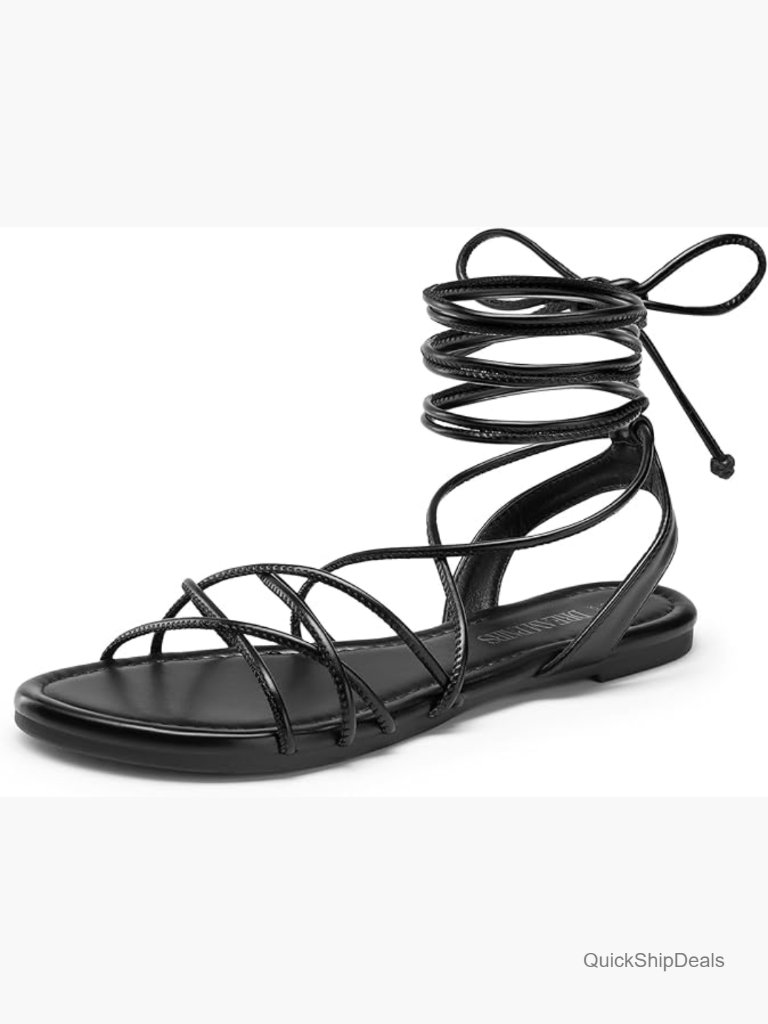 Lace-Up Gladiator Sandals Strappy Dressy Summer Flat Sandals Faux Leather